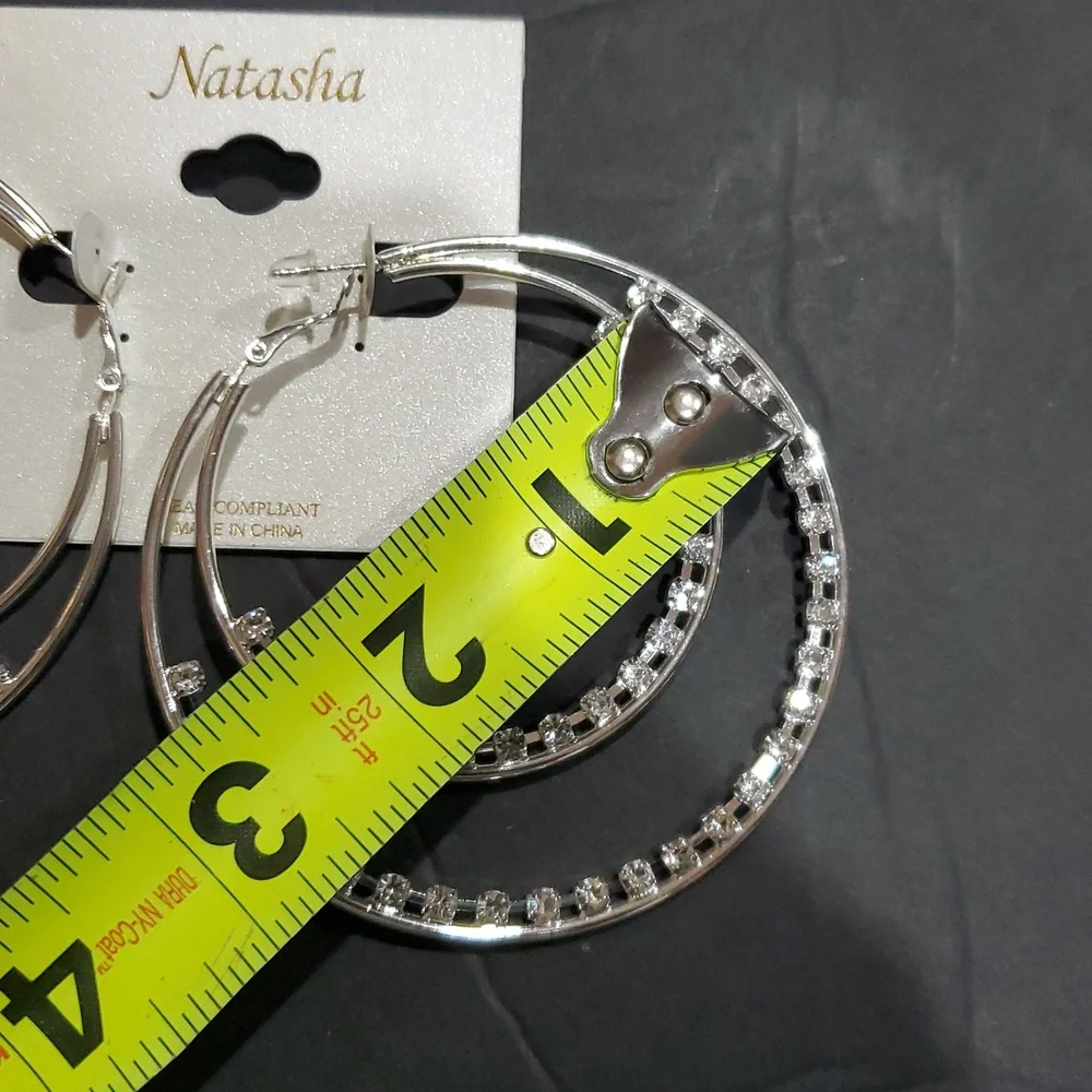 Natasha couture silver tone cz crystal rhinestone trim double hoop earrings new - Picture 7 of 10